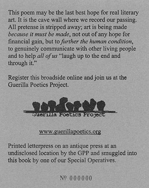 The back of all Guerilla Poetics broadsides